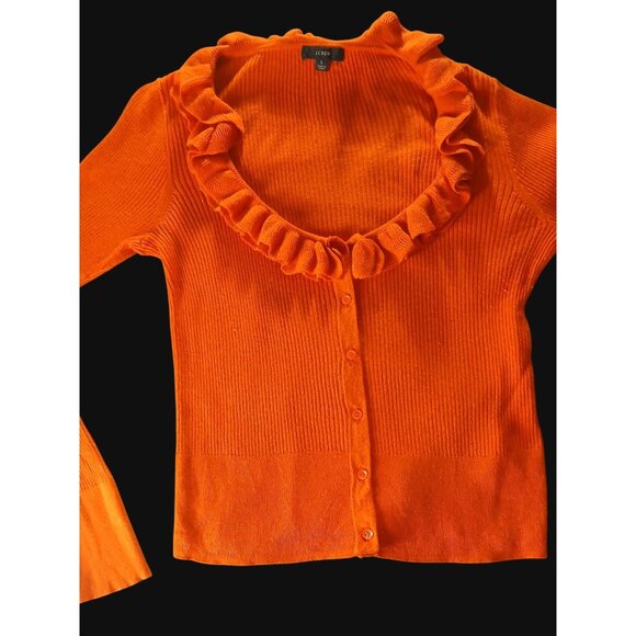 J Crew Orange Silk Cashmere Blend Ruffle Cardigan Sweater L Open Low Neckline - Picture 1 of 11